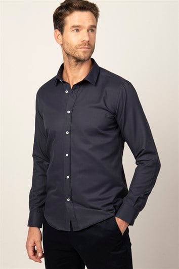 Modern Fit Uzun Kollu Armürlü Kravatlık Erkek Lacivert Gömlek