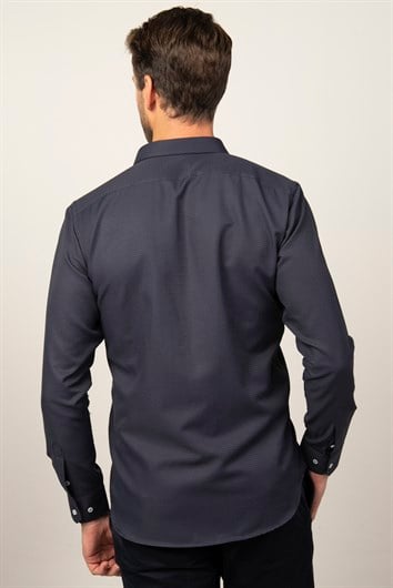 Modern Fit Uzun Kollu Armürlü Kravatlık Erkek Lacivert Gömlek