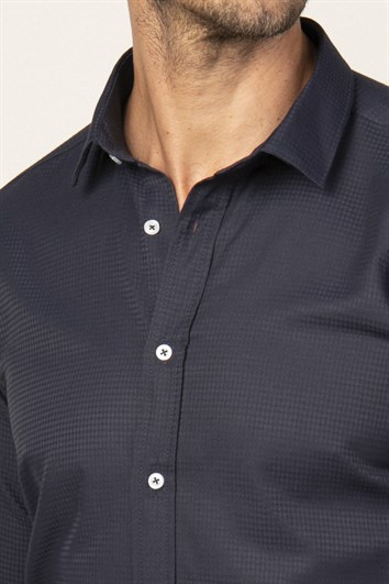 Modern Fit Uzun Kollu Armürlü Kravatlık Erkek Lacivert Gömlek