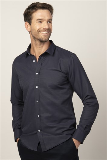 Modern Fit Uzun Kollu Armürlü Kravatlık Erkek Lacivert Gömlek