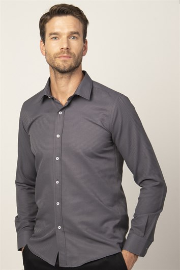 Modern Fit Uzun Kollu Armürlü Kravatlık Erkek Gri Gömlek