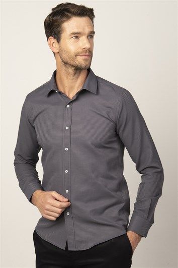 Modern Fit Uzun Kollu Armürlü Kravatlık Erkek Gri Gömlek