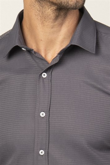 Modern Fit Uzun Kollu Armürlü Kravatlık Erkek Gri Gömlek