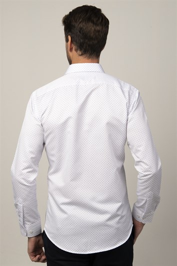 Modern Fit Uzun Kollu Baskılı Yaka İçi Biyeli Erkek Beyaz Gömlek