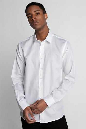 Modern Fit Uzun Kollu %100 Cotton Armürlü Premium Seri Erkek Beyaz Gömlek