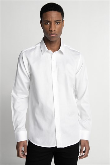 Modern Fit Uzun Kollu %100 Cotton Armürlü Premium Seri Erkek Beyaz Gömlek