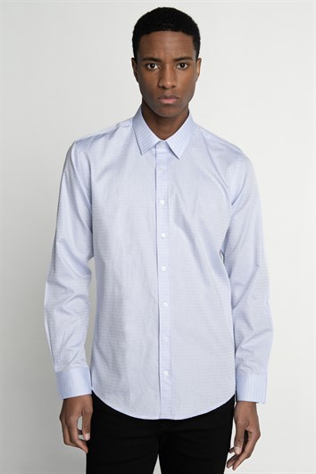 Modern Fit Uzun Kollu %100 Cotton Armürlü Premium Seri Erkek Mavi Gömlek