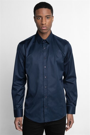 Modern Fit Uzun Kollu %100 Cotton Armürlü Premium Seri Erkek Lacivert Gömlek