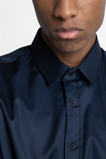 Modern Fit Uzun Kollu %100 Cotton Armürlü Premium Seri Erkek Lacivert Gömlek