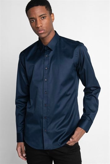 Modern Fit Uzun Kollu %100 Cotton Armürlü Premium Seri Erkek Lacivert Gömlek