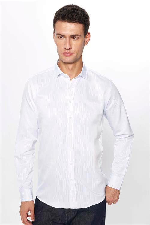 Erkek Modern Slim Fit Dar Kesim Uzun Kollu Pamuklu Çizgili 4 Mevsim İtalyan Yaka Gömlek
