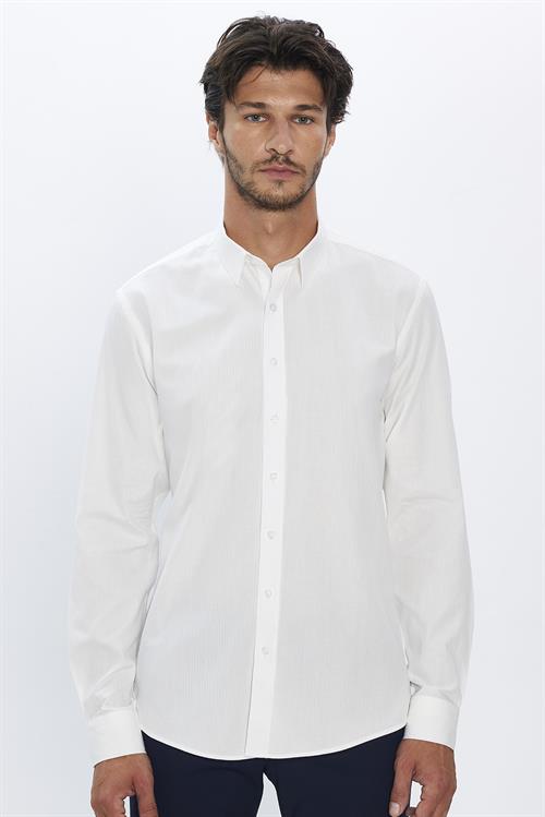 Erkek Modern Fit Dar Kesim %100 Pamuk Armürlü Premium Beyaz Gömlek