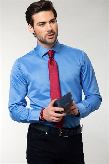 Modern Slim Fit Uzun Kollu Düz Saten Pamuklu Erkek Mavi Gömlek