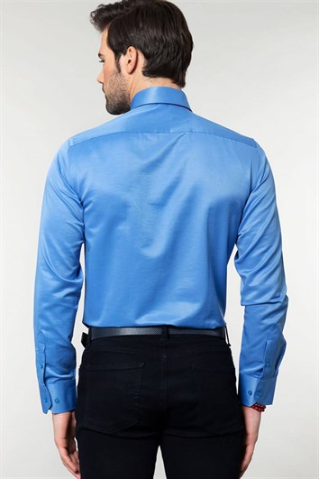 Modern Slim Fit Uzun Kollu Düz Saten Pamuklu Erkek Mavi Gömlek