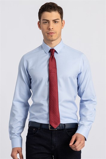 Modern Slim Fit Uzun Kollu Pamuklu Kolay Ütü Armürlü Erkek Mavi Gömlek