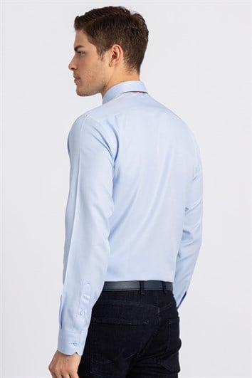 Modern Slim Fit Uzun Kollu Pamuklu Kolay Ütü Armürlü Erkek Mavi Gömlek