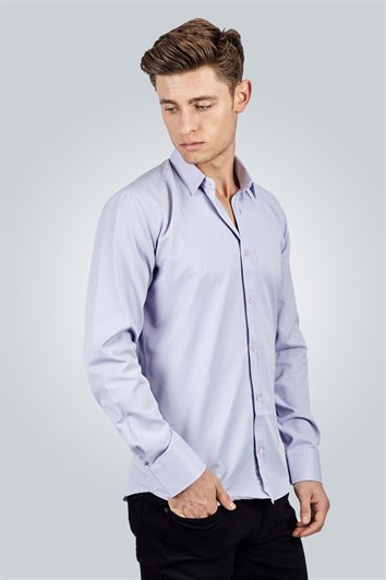 Modern Slim Fit Uzun Kollu Düz Erkek Lila Gömlek