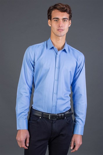 Modern Slim Fit Uzun Kollu Düz Erkek Mavi Gömlek