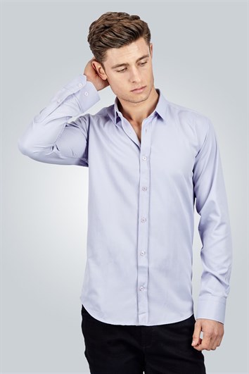 Modern Slim Fit Uzun Kollu Düz Erkek Lila Gömlek
