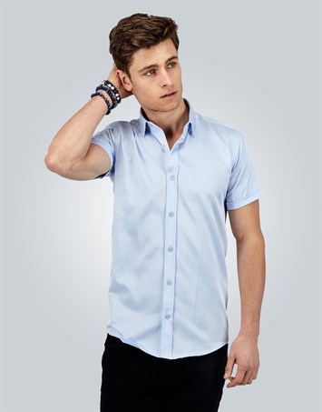Modern Slim Fit Kısa Kollu Erkek Mavi Gömlek
