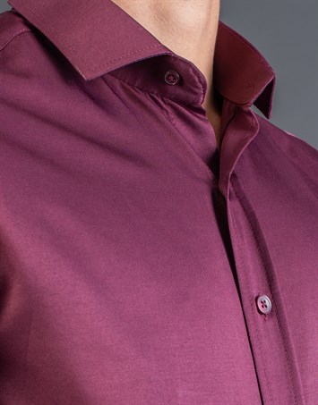 Modern Slim Fit Kısa Kollu Düz Saten Erkek Bordo Gömlek