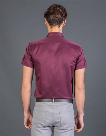 Modern Slim Fit Kısa Kollu Düz Saten Erkek Bordo Gömlek