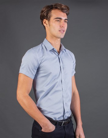 Modern Slim Fit Kısa Kollu Armürlü Erkek Mavi Gömlek