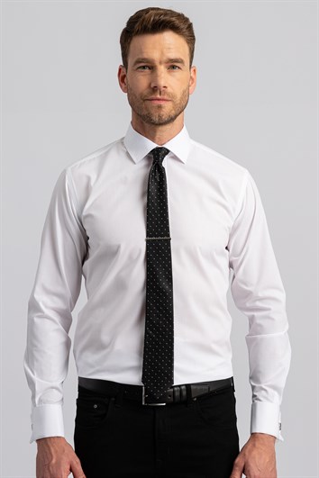 Modern Slim Fit Uzun Kollu Çift Manşet Erkek Beyaz Gömlek