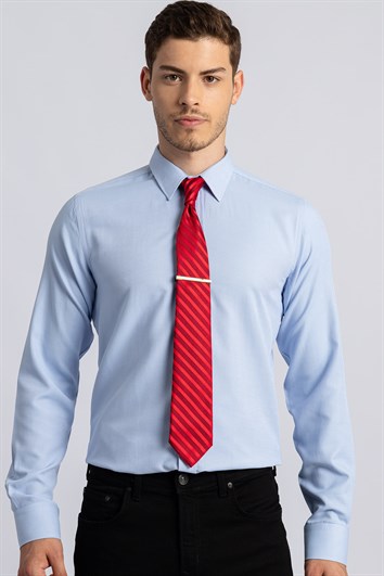 Modern Slim Fit Uzun Kollu Pamuklu Kolay Ütü Armürlü Erkek Mavi Gömlek