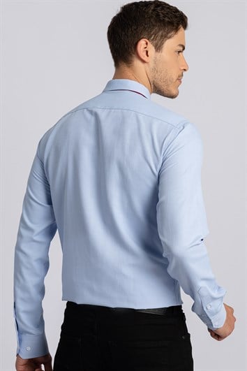 Modern Slim Fit Uzun Kollu Pamuklu Kolay Ütü Armürlü Erkek Mavi Gömlek