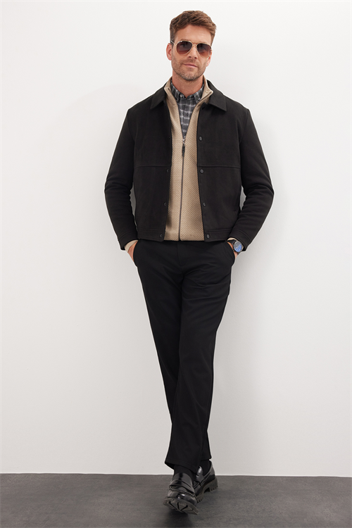 Erkek Slim Fit Dar Kesim Çift Cepli Çıtçıt Kapamalı Siyah Mont