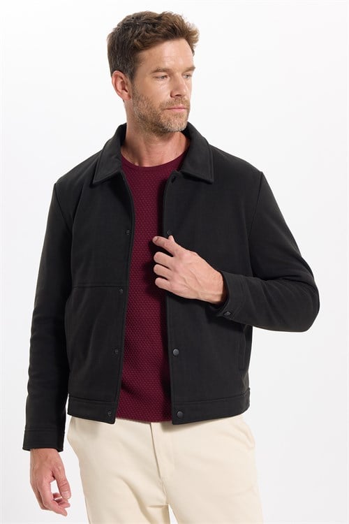 Erkek Slim Fit Dar Kesim Çift Cepli Çıtçıt Kapamalı Siyah Mont