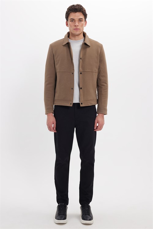 Erkek Slim Fit Dar Kesim Çift Cepli Çıtçıt Kapamalı Kahverengi Mont