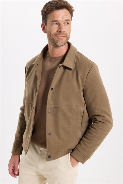Erkek Slim Fit Dar Kesim Çift Cepli Çıtçıt Kapamalı Kahverengi Mont