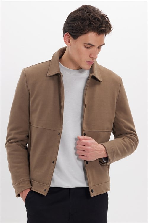 Erkek Slim Fit Dar Kesim Çift Cepli Çıtçıt Kapamalı Kahverengi Mont
