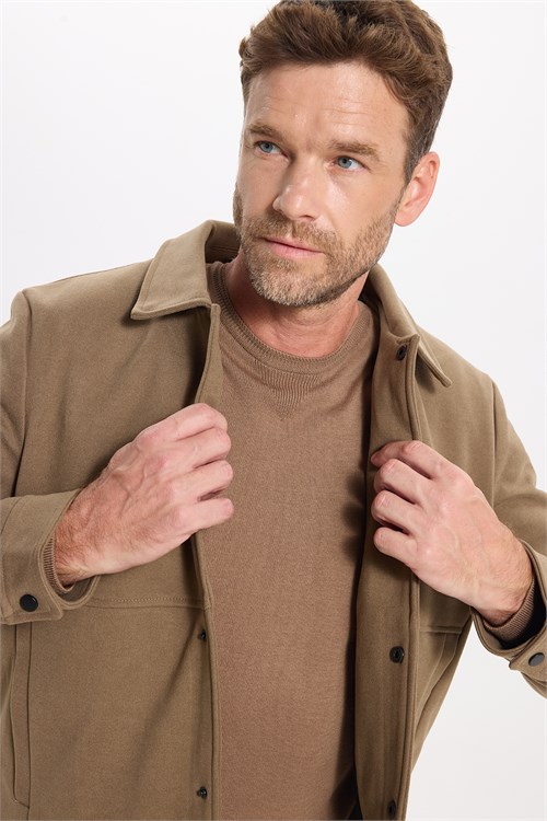 Erkek Slim Fit Dar Kesim Çift Cepli Çıtçıt Kapamalı Kahverengi Mont
