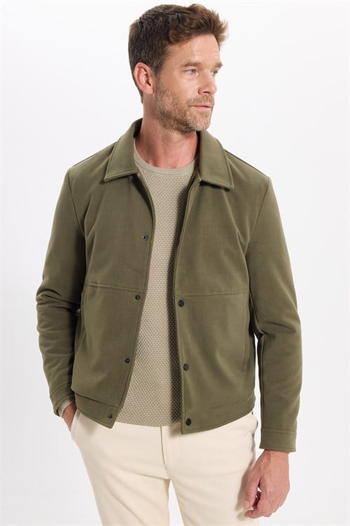 Erkek Slim Fit Dar Kesim Çift Cepli Çıtçıt Kapamalı Haki Mont