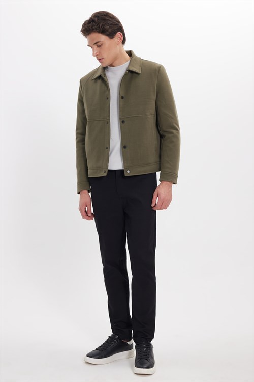 Erkek Slim Fit Dar Kesim Çift Cepli Çıtçıt Kapamalı Haki Mont