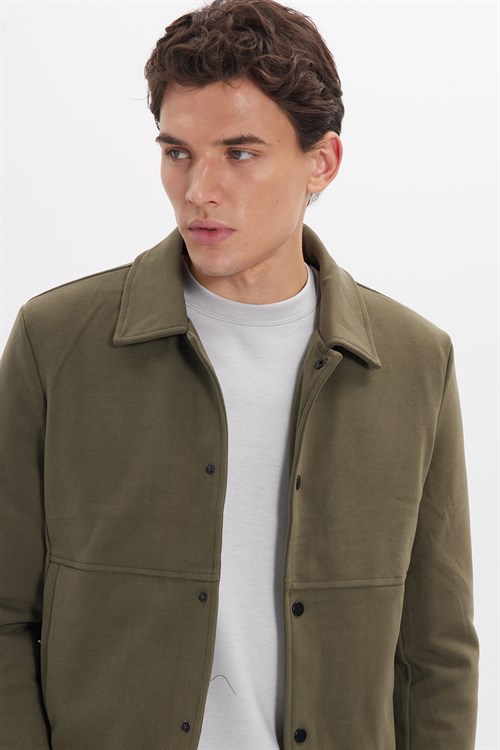 Erkek Slim Fit Dar Kesim Çift Cepli Çıtçıt Kapamalı Haki Mont