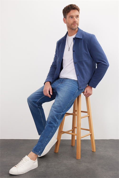 Erkek Slim Fit Dar Kesim Çift Cepli Çıtçıt Kapamalı Lacivert Mont