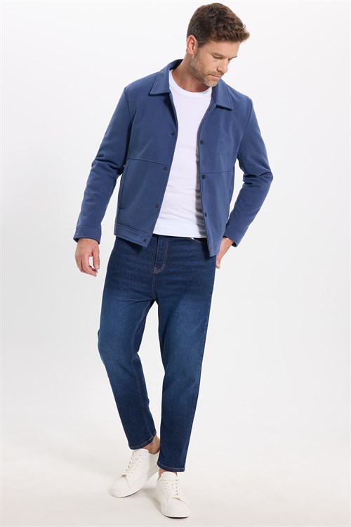 Erkek Slim Fit Dar Kesim Çift Cepli Çıtçıt Kapamalı Lacivert Mont