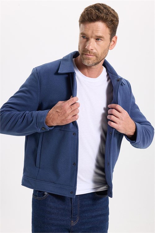 Erkek Slim Fit Dar Kesim Çift Cepli Çıtçıt Kapamalı Lacivert Mont