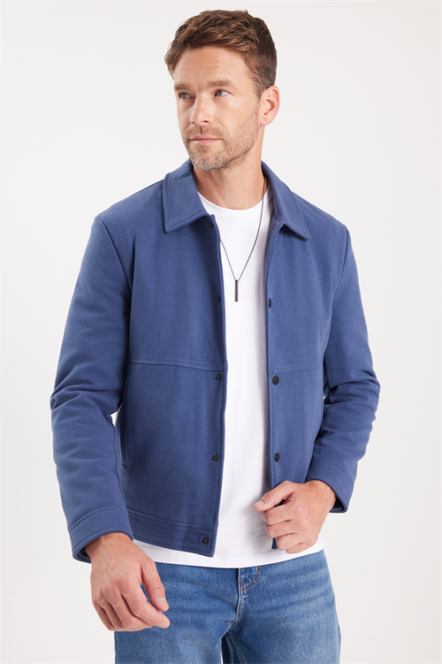 Erkek Slim Fit Dar Kesim Çift Cepli Çıtçıt Kapamalı Lacivert Mont