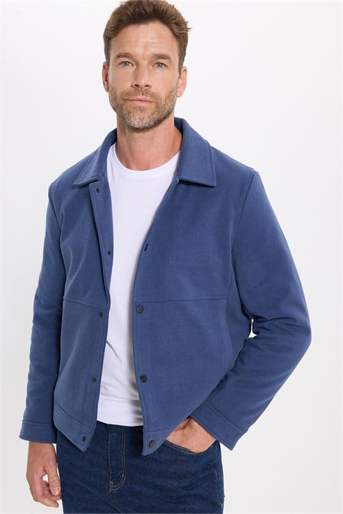 Erkek Slim Fit Dar Kesim Çift Cepli Çıtçıt Kapamalı Lacivert Mont