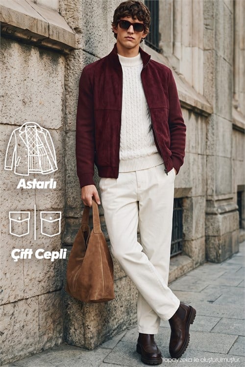 Erkek Relax Fit Rahat Kesim Dik Yaka Fermuarlı Astarlı Süet Görünümlü Triko Kol Cepli Bordo Mont