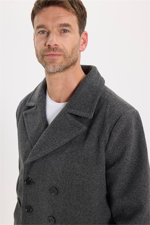 Erkek Relax Fit Rahat Kesim Geniş Kruvaze Yaka Çift Sıra Düğmeli Astarlı Cepli Gri Kaşe Kaban