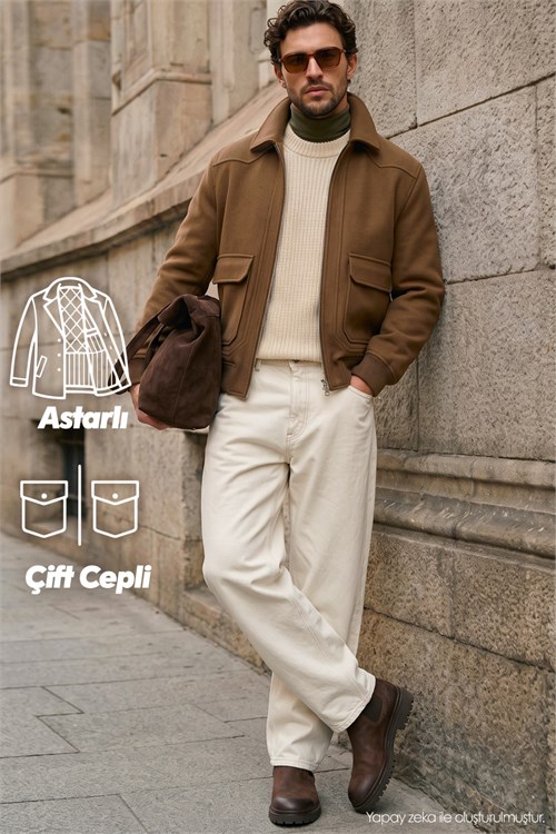 Erkek Regular Fit Rahat Kesim Fermuarlı Astarlı Çift Cep Detaylı Kahverengi Mont