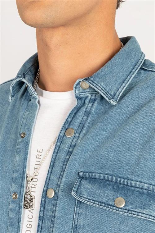 Unisex Oversize Geniş Kesim Denim Kot Çift Cepli Mavi Overshirt Ceket Tarzı Gömlek