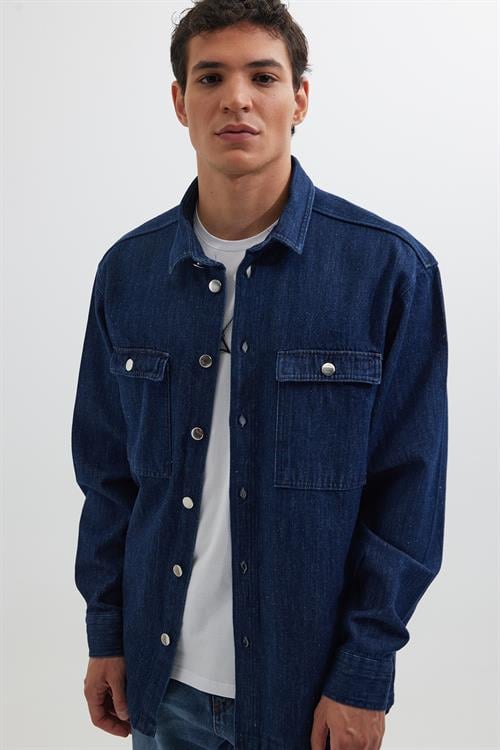 Unisex Oversize Geniş Kesim Denim Kot Çift Cepli Lacivert Overshirt Ceket Tarzı Gömlek