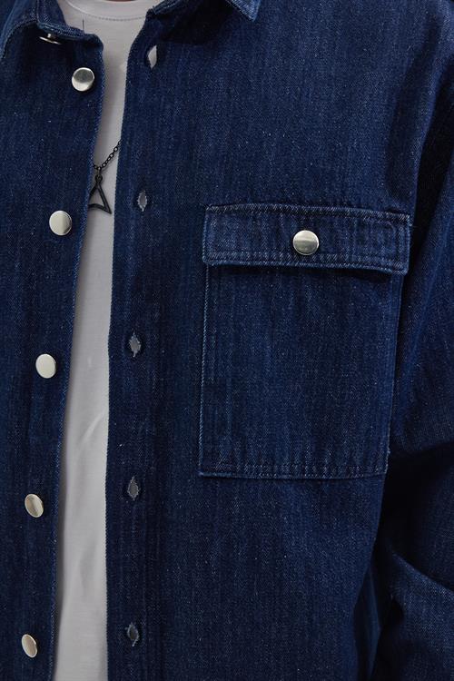 Unisex Oversize Geniş Kesim Denim Kot Çift Cepli Lacivert Overshirt Ceket Tarzı Gömlek